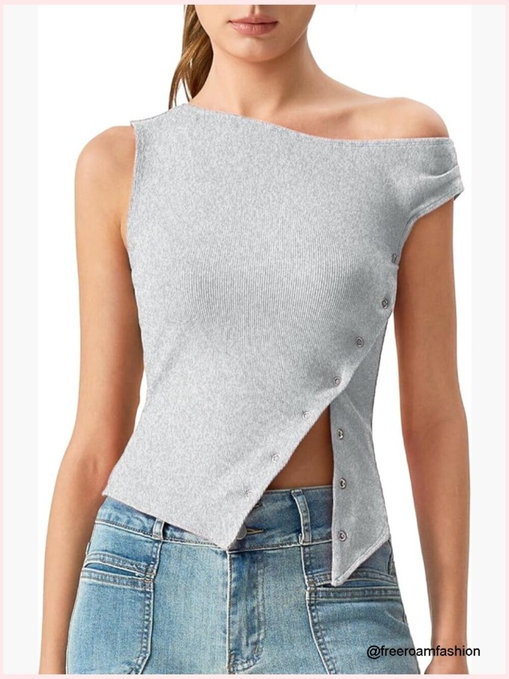 Off Shoulder Asymmetrical Crop Tank Top Y2K Diagonal Button Closure